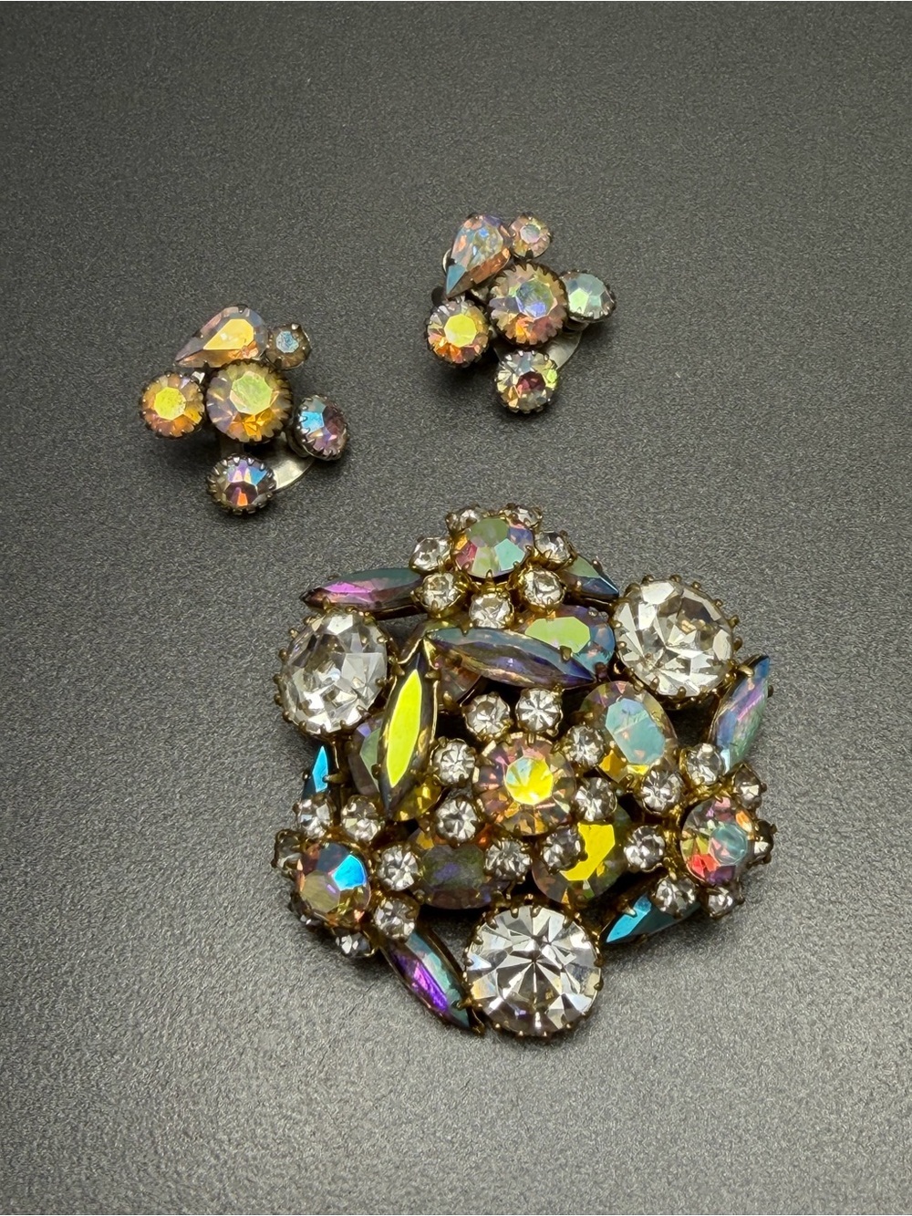 Vintage Aurora Rhinestone Brooch and Earrings- married set